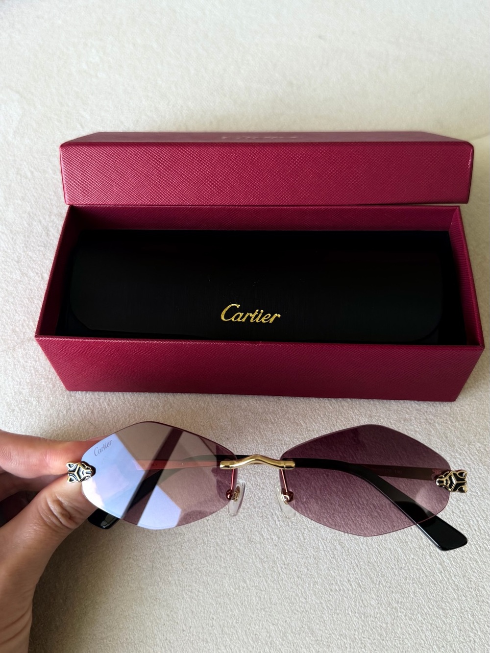Cartier Rimless Sunglasses with Gradient Pink Lenses and Gold Bridge